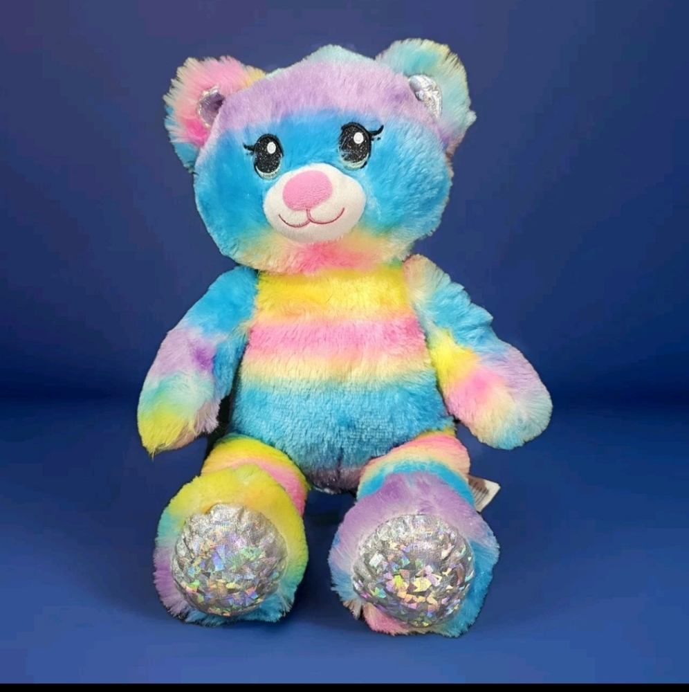 Build A Bear Rainbow Holographic Sparkle Bear 2021 Multi Bright 16” Blue Eye EUC